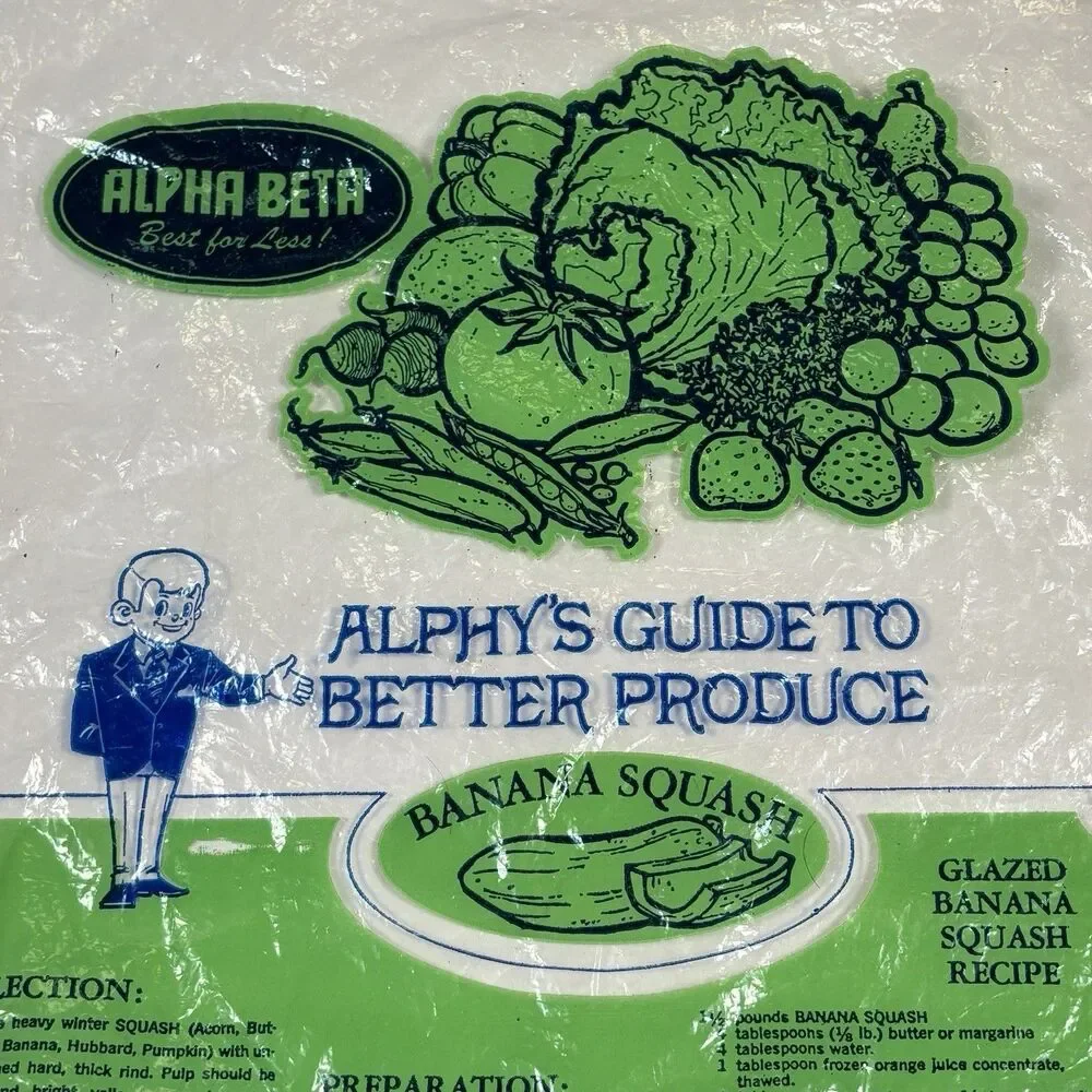 Vintage Alpha Beta Alphy’s Guide Produce Bag Banana Squash Recipe Grocery Store